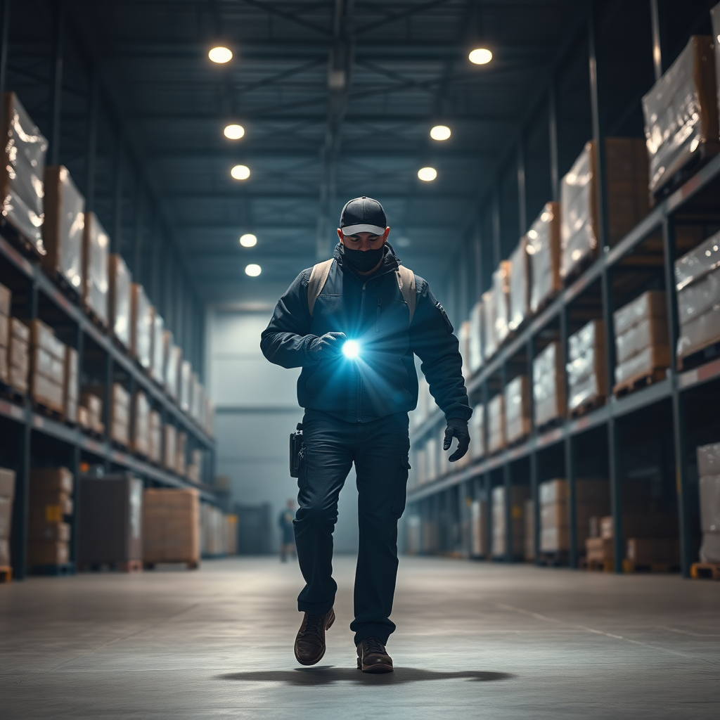 security guard with flashlight patrolling large dark warehouse storage facility interior, industrial