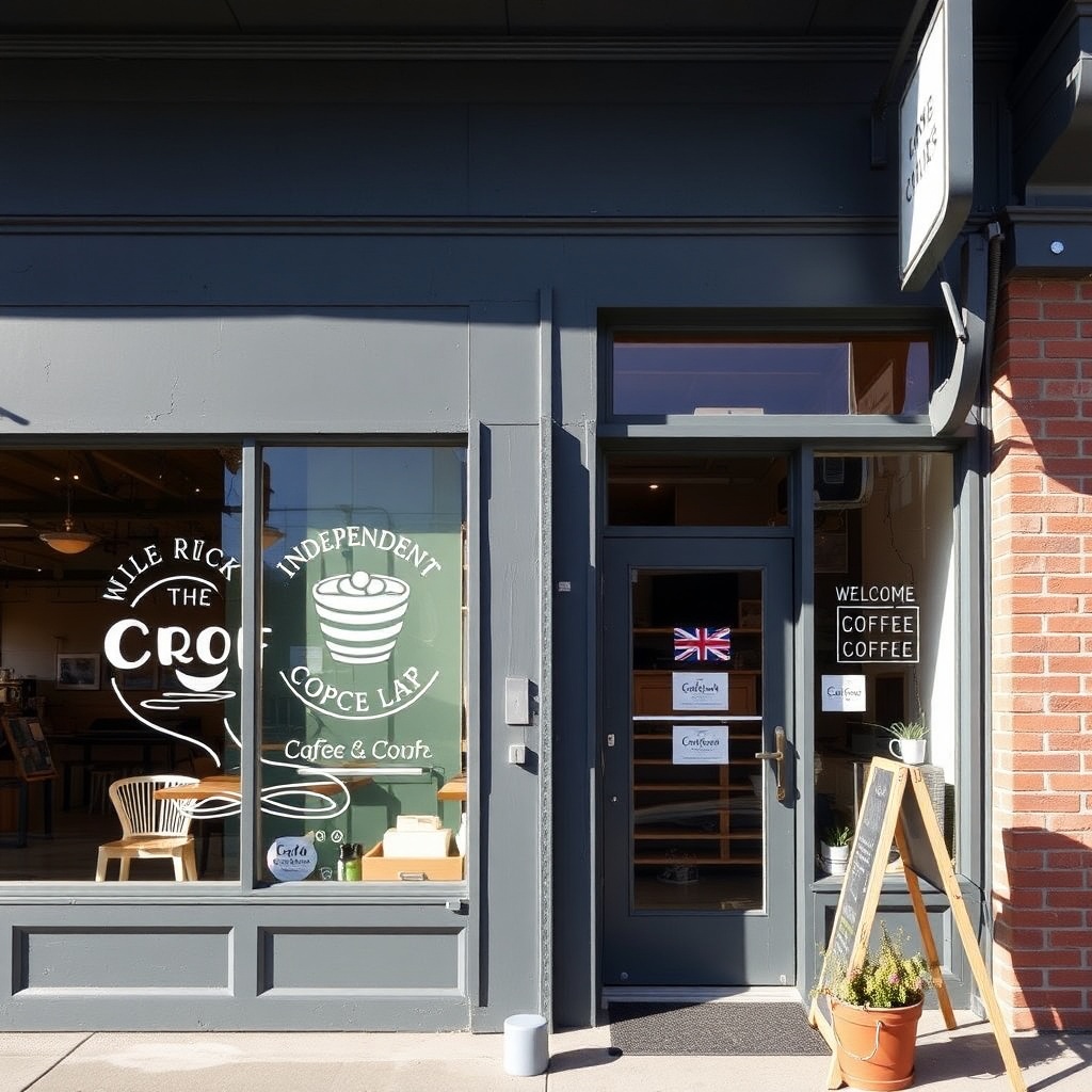 exterior of a small independent coffee shop storefront with window art and welcoming signage, daytim
