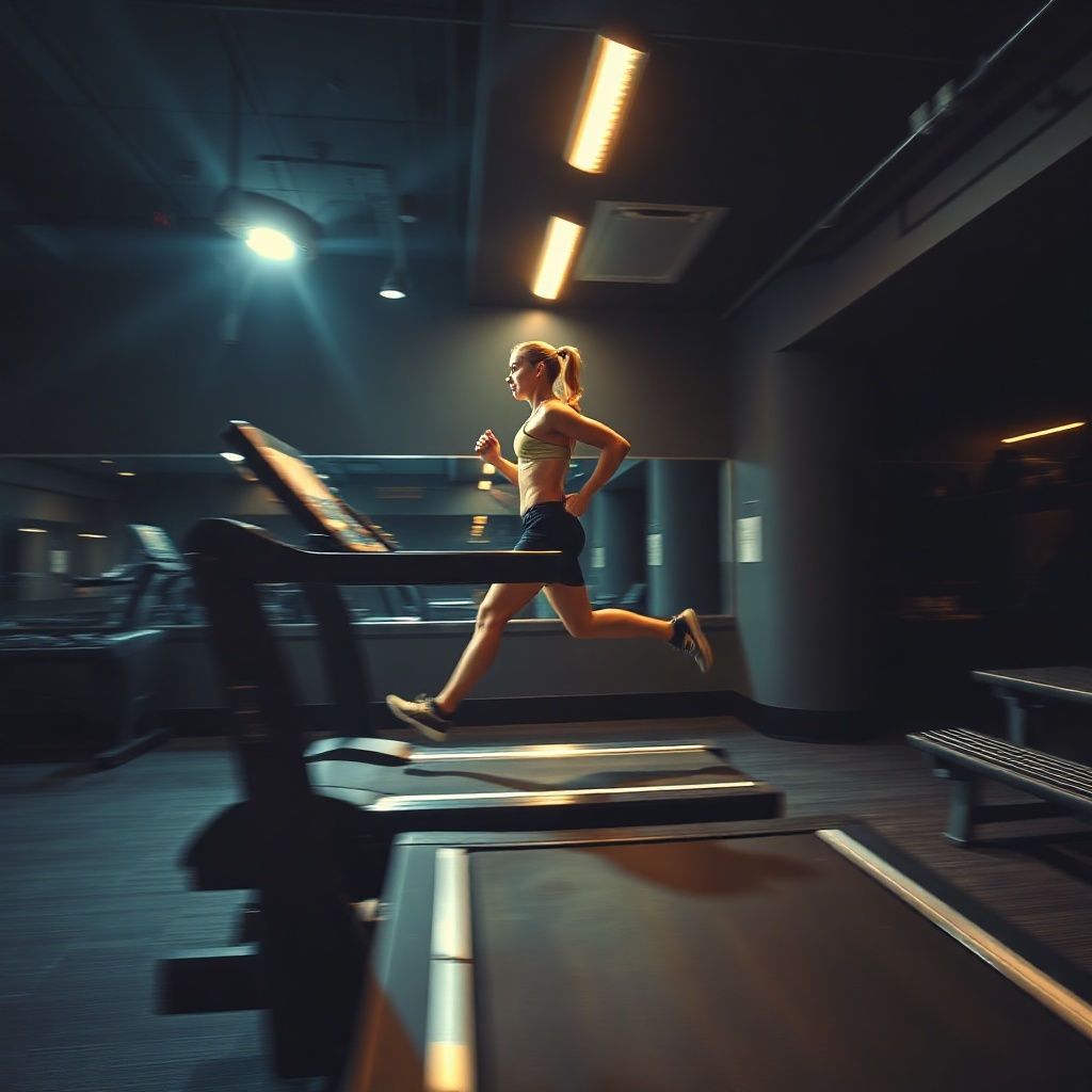 athlete running on treadmill in dark modern gym, motion blur, dramatic lighting, cardio training con