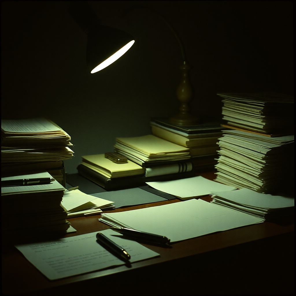 atmospheric shot of a messy writer's desk at night, single lamp, stacks of paper, fountain pen, cine