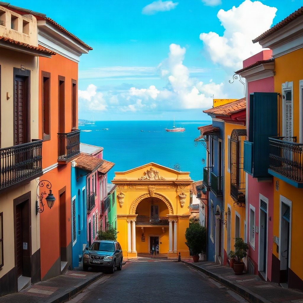 colorful colonial streets and blue sea view, colombia