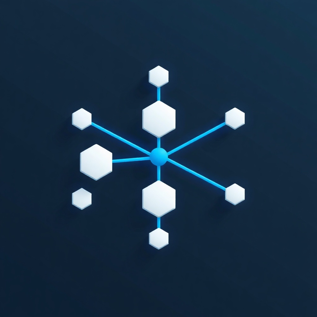Abstract 3D icon of connected IoT nodes, electric blue and white, dark background, minimal
