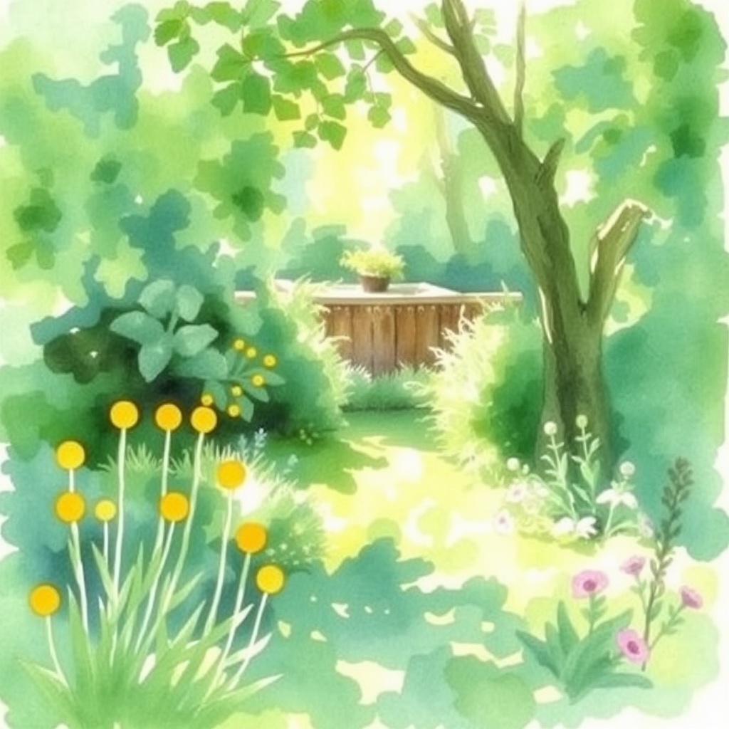 watercolor painting of a sunlit garden, soft greens and yellows, impressionist style