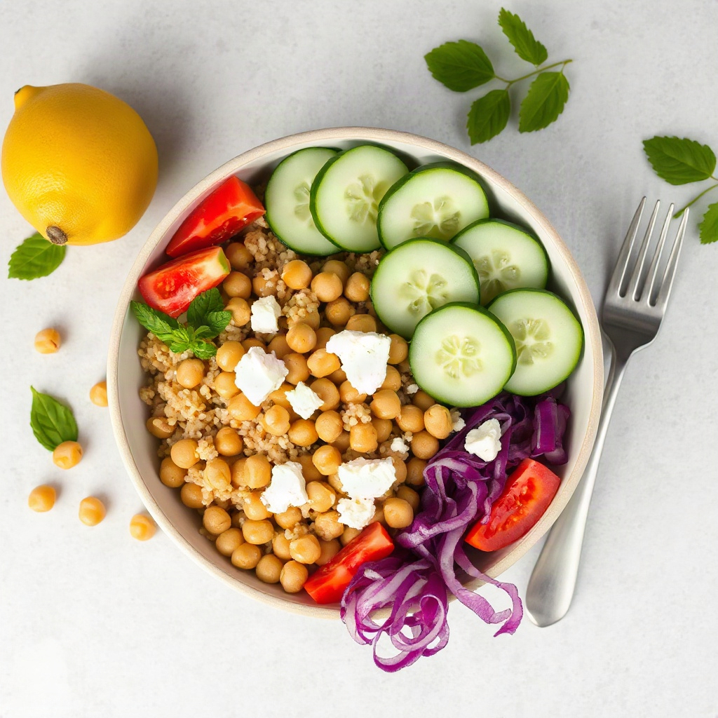 colorful mediterranean grain bowl with farro, chickpeas, cucumber, feta and lemon dressing, overhead