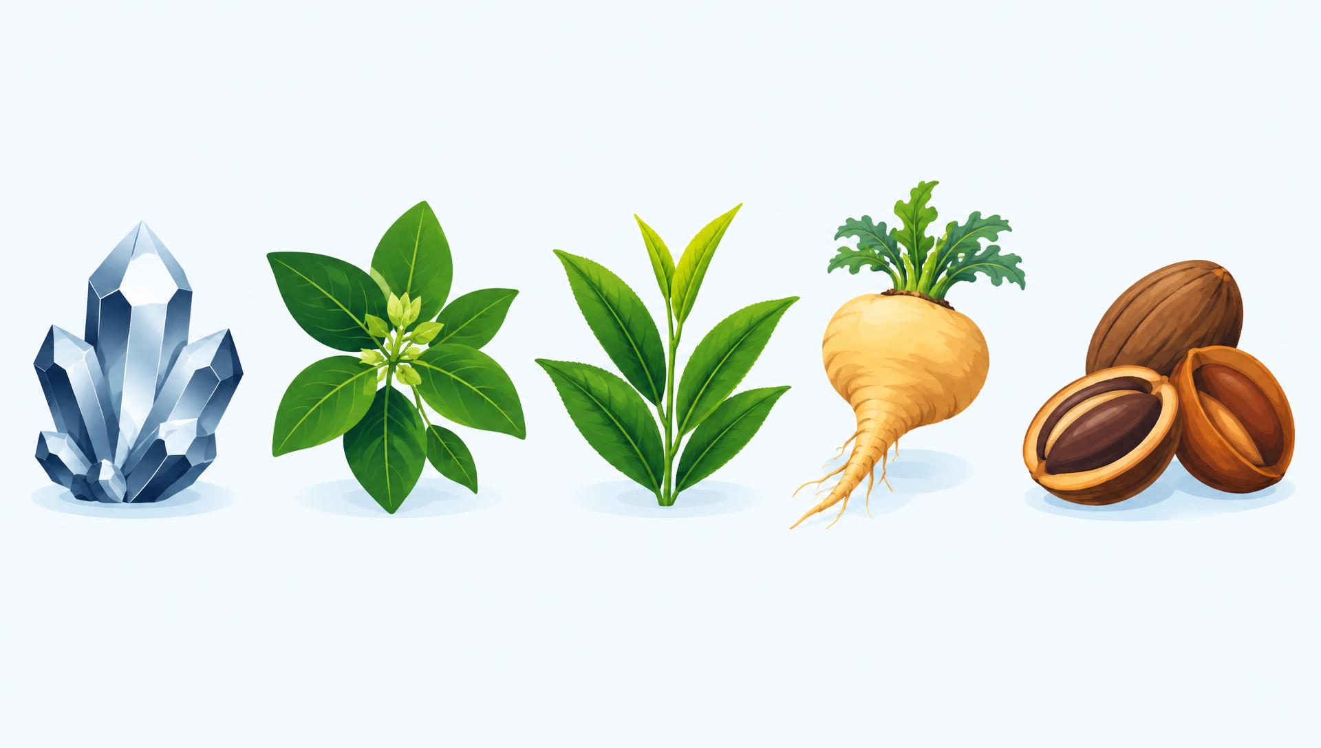 Icon-style illustration of a chromium mineral, gymnema leaves, green tea leaves, maca root and African mango seeds