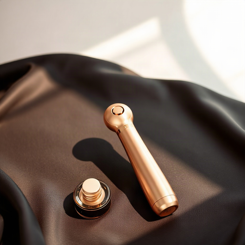 premium editorial product photography, minimalist rose-gold personal massager on dark satin surface,