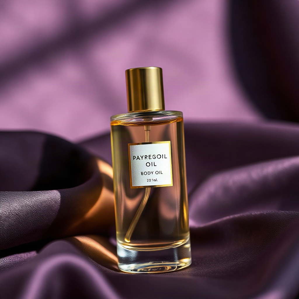 premium editorial product photography, delicate perfumed body oil bottle with gold cap on dark satin