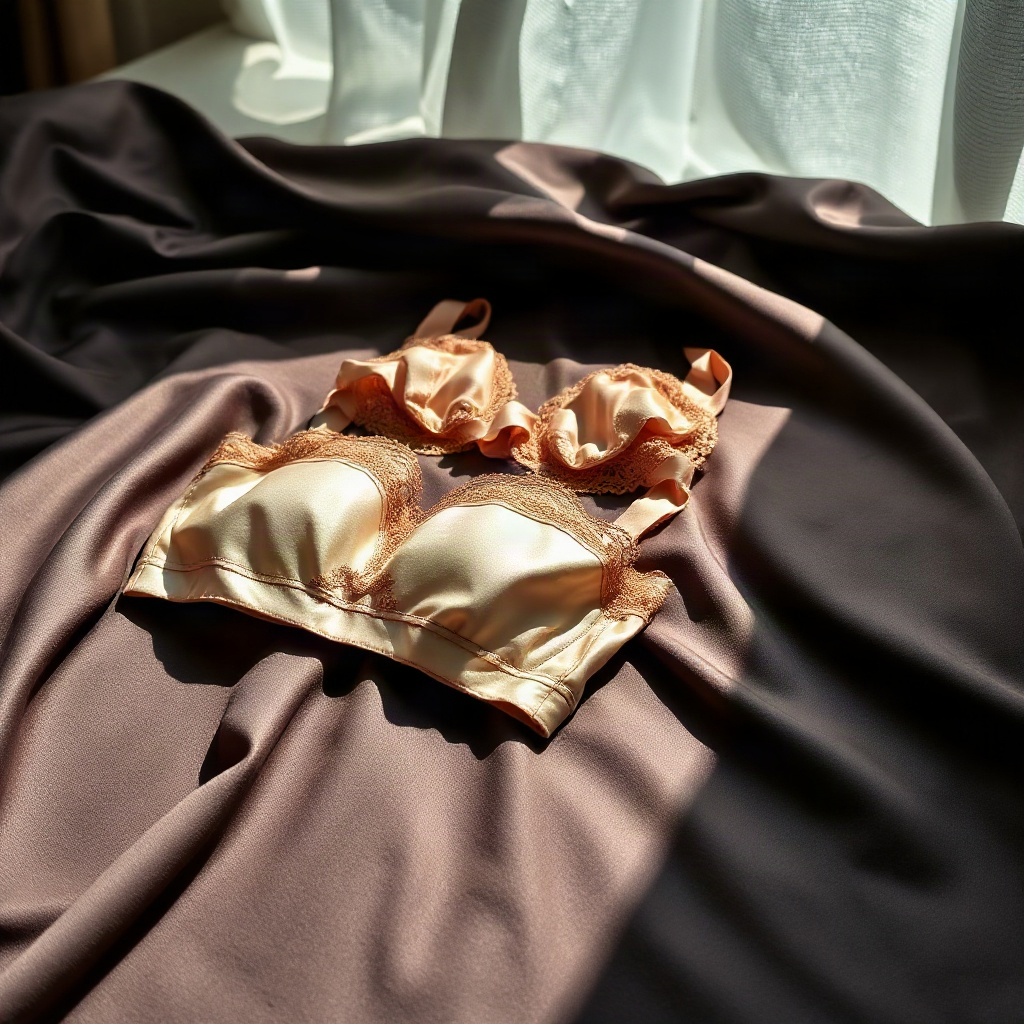 premium editorial product photography, elegant silk lingerie set folded on dark satin surface, soft 