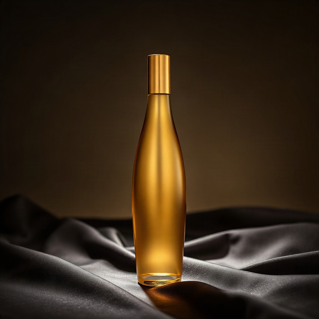 premium editorial product photography, single elegant champagne gold massage oil bottle standing tal