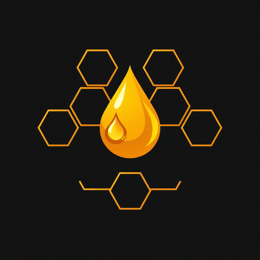 stylized icon of a hexagonal honeycomb pattern with a drop of amber honey, minimalist gold and black