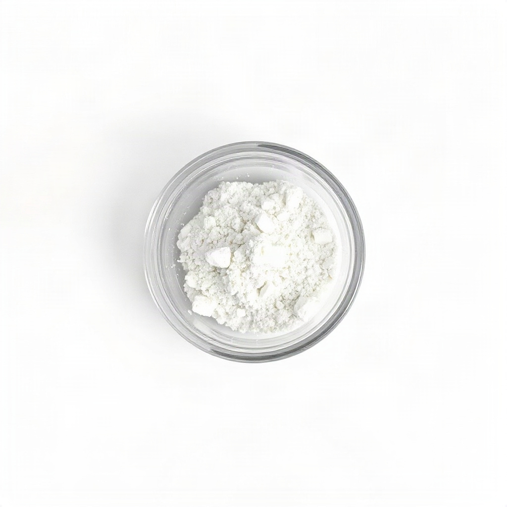 Small circular photo of white crystalline caffeine powder in a tiny glass vial, clinical clean look,