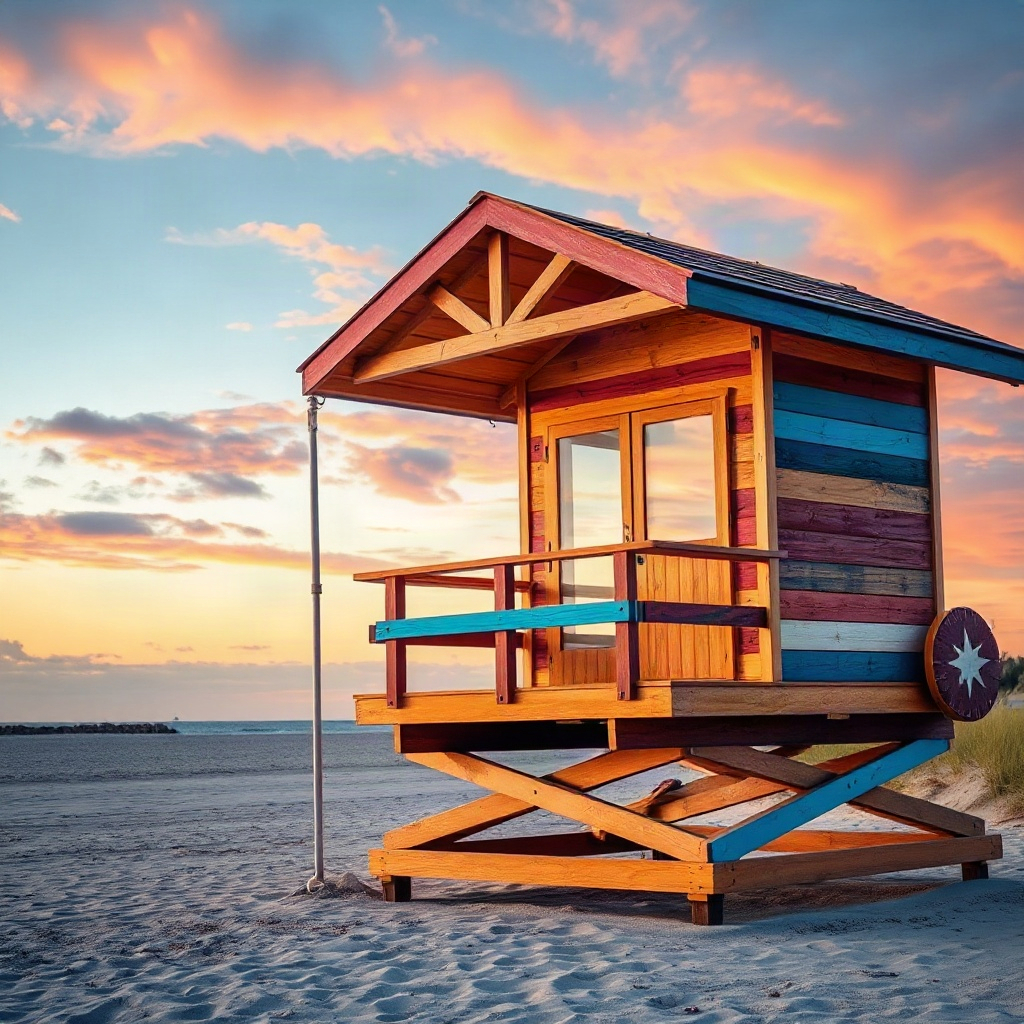 modern beach lifeguard hut at sunset, colorful wooden structure