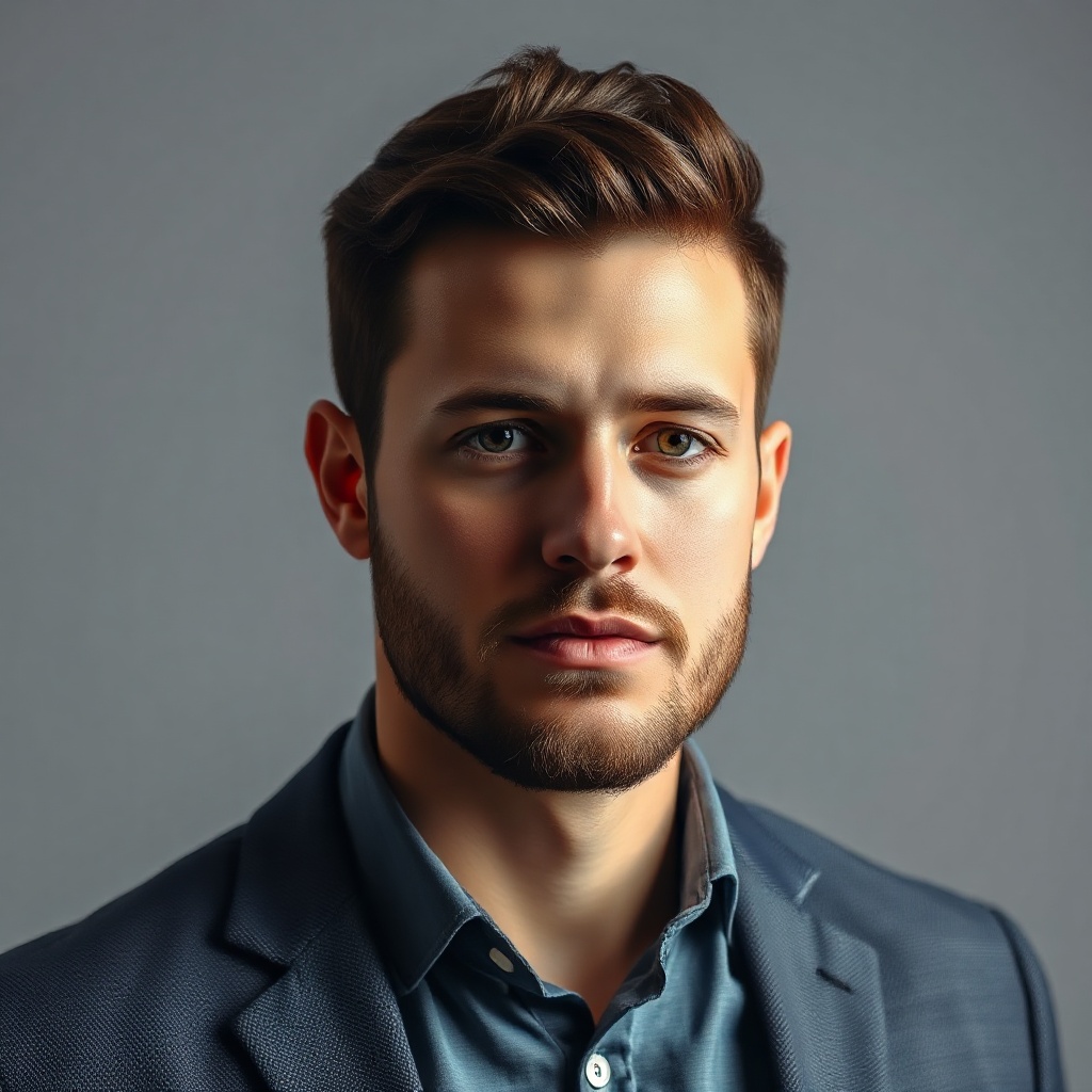 portrait of a stylish man with short beard, professional headshot, soft studio lighting, neutral bac
