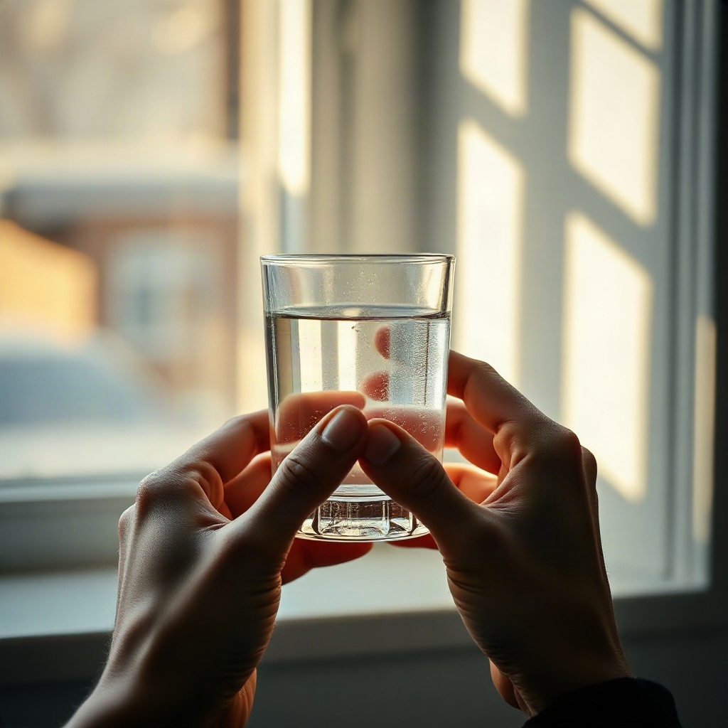 Close up of hands holding a glass of water near a window with soft natural light, calm and mindful m