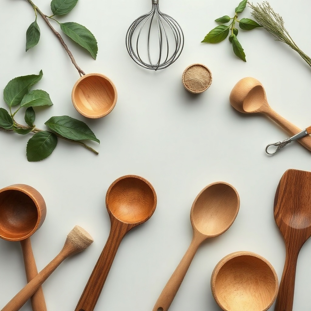 flat lay of various organic kitchen tools on a light background, aesthetic and clean