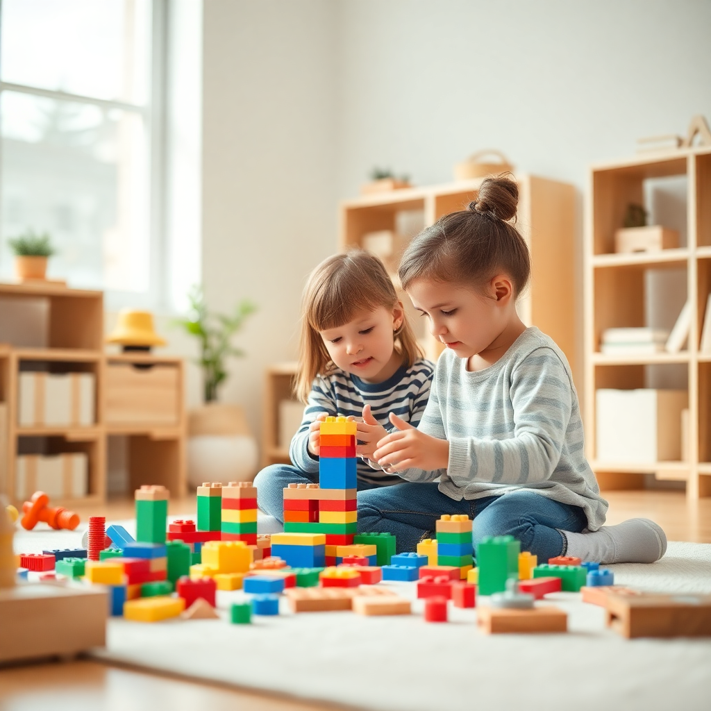children doing STEM building blocks activity after school, bright playroom with wooden shelves, Scan