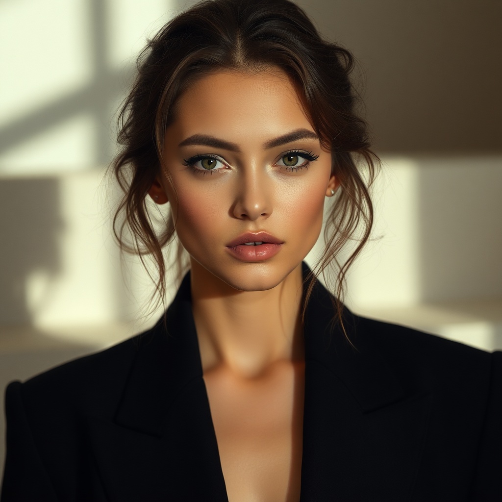 fashion editorial portrait of a woman, minimal makeup, high-end aesthetic, soft natural lighting