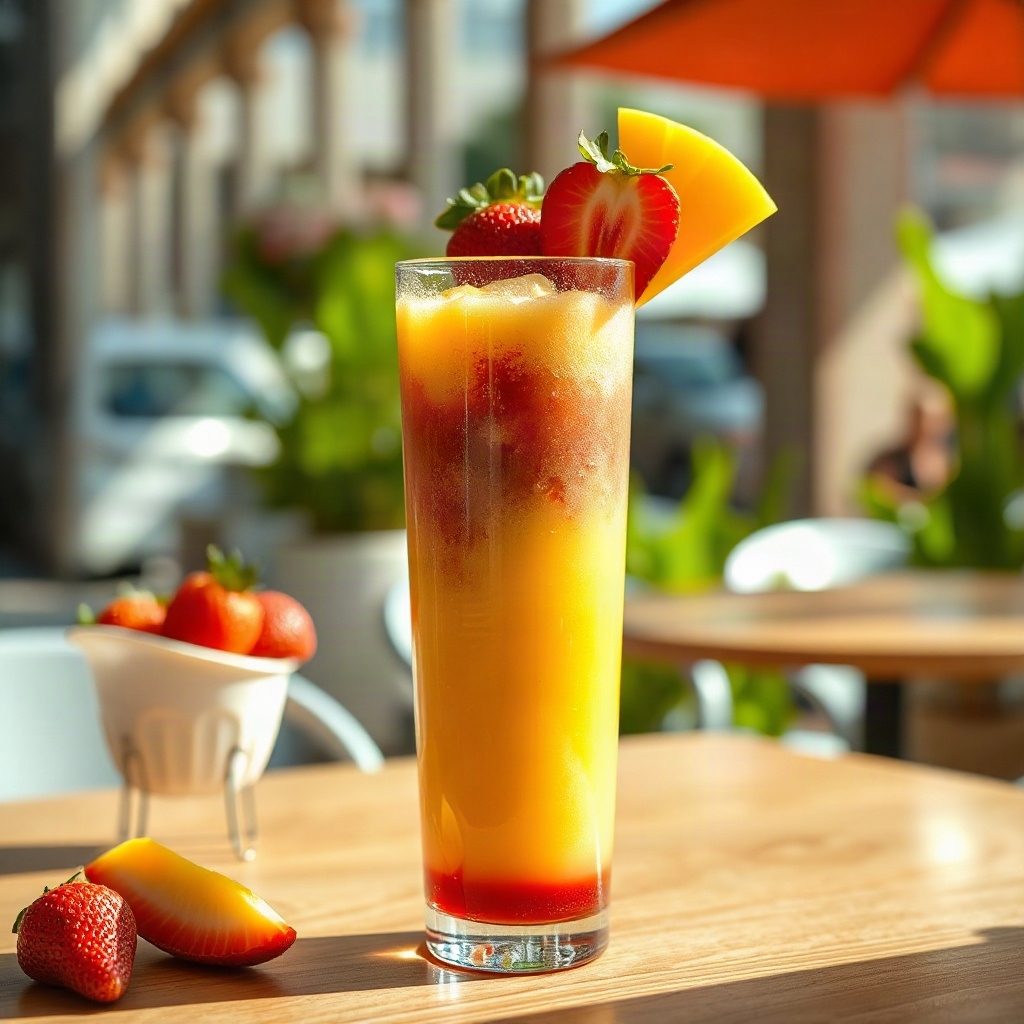 Tall glass of layered mango and strawberry smoothie garnished with fresh fruit