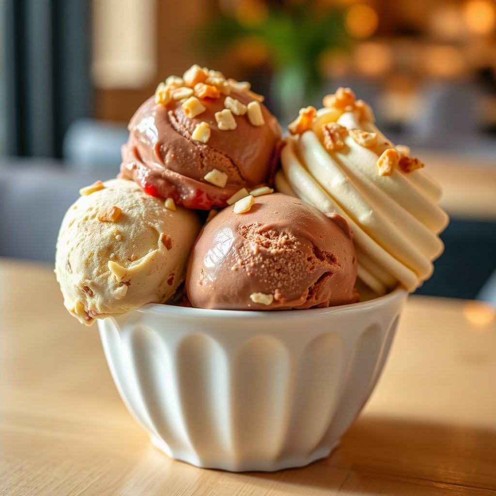 Three scoops of pistachio, chocolate and strawberry ice cream in a white ceramic cup
