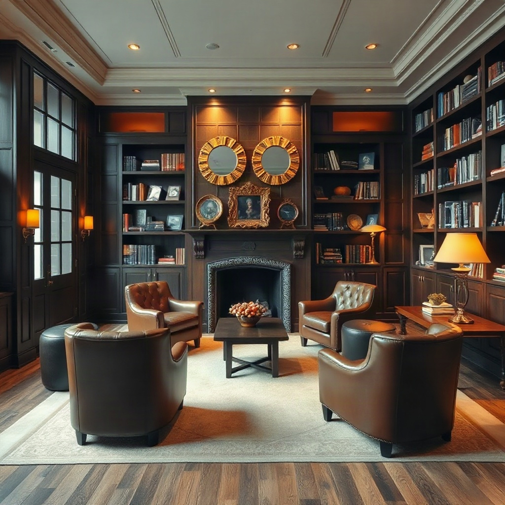 interior of a luxury clubhouse library, leather chairs, fireplace, warm lighting