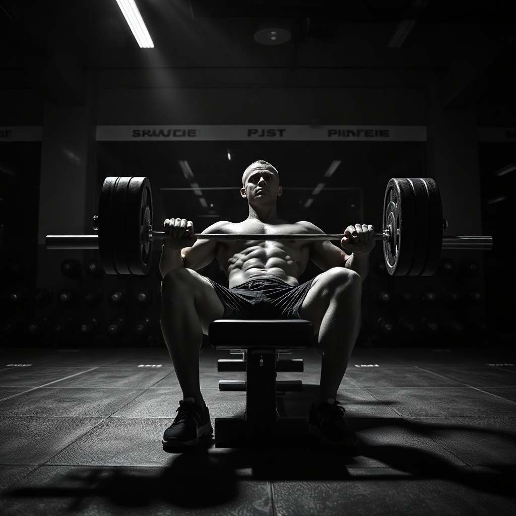 powerful athlete performing bench press at maximum weight, dramatic dark gym, black and white high c