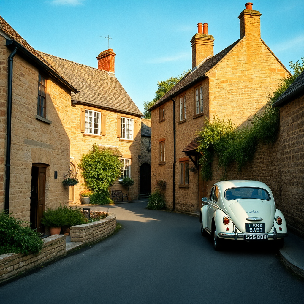 Cotswolds honey-stone village lane dry-stone walls classic car parked verge warm English summer afte