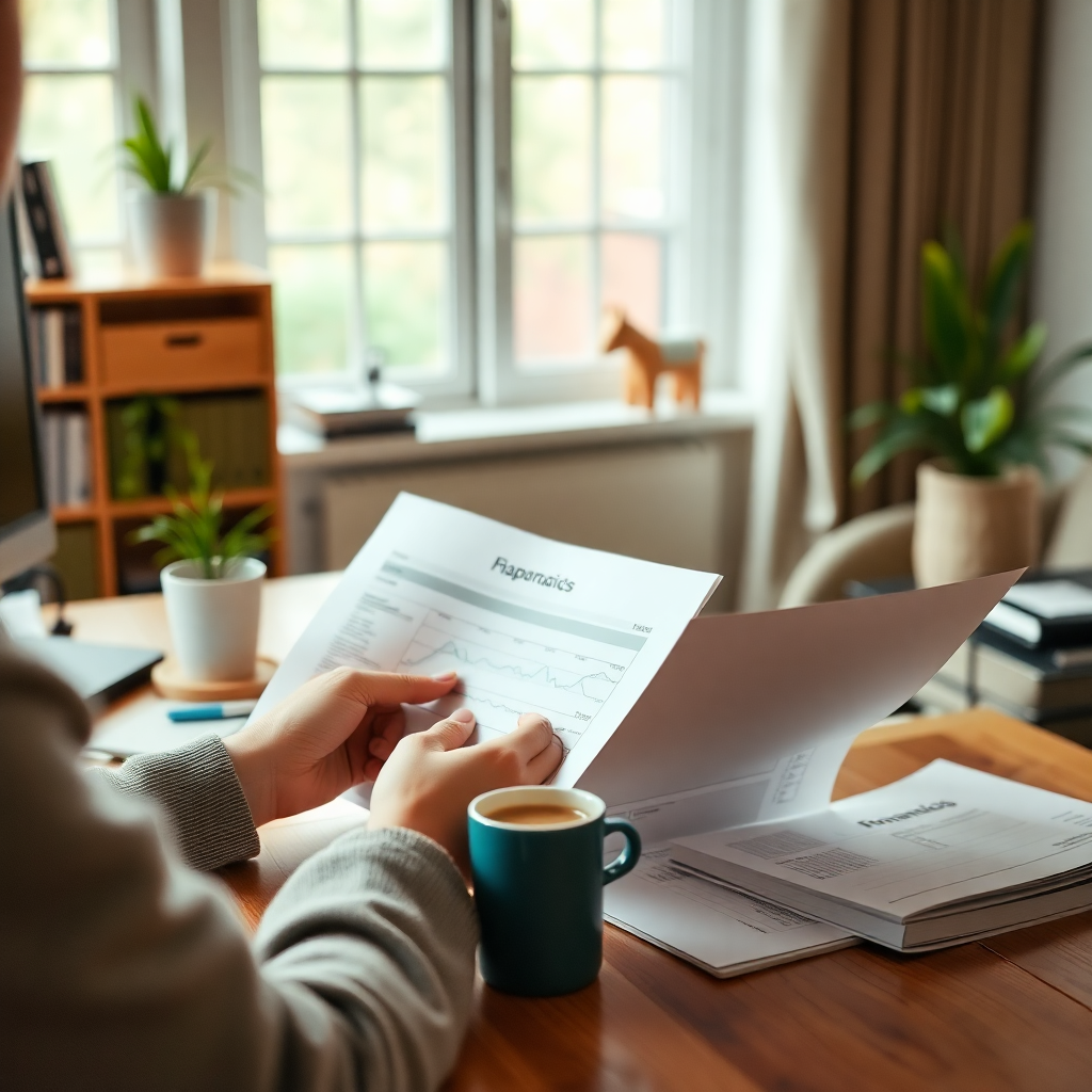 person reviewing financial documents with coffee, home office setup, cozy professional atmosphere