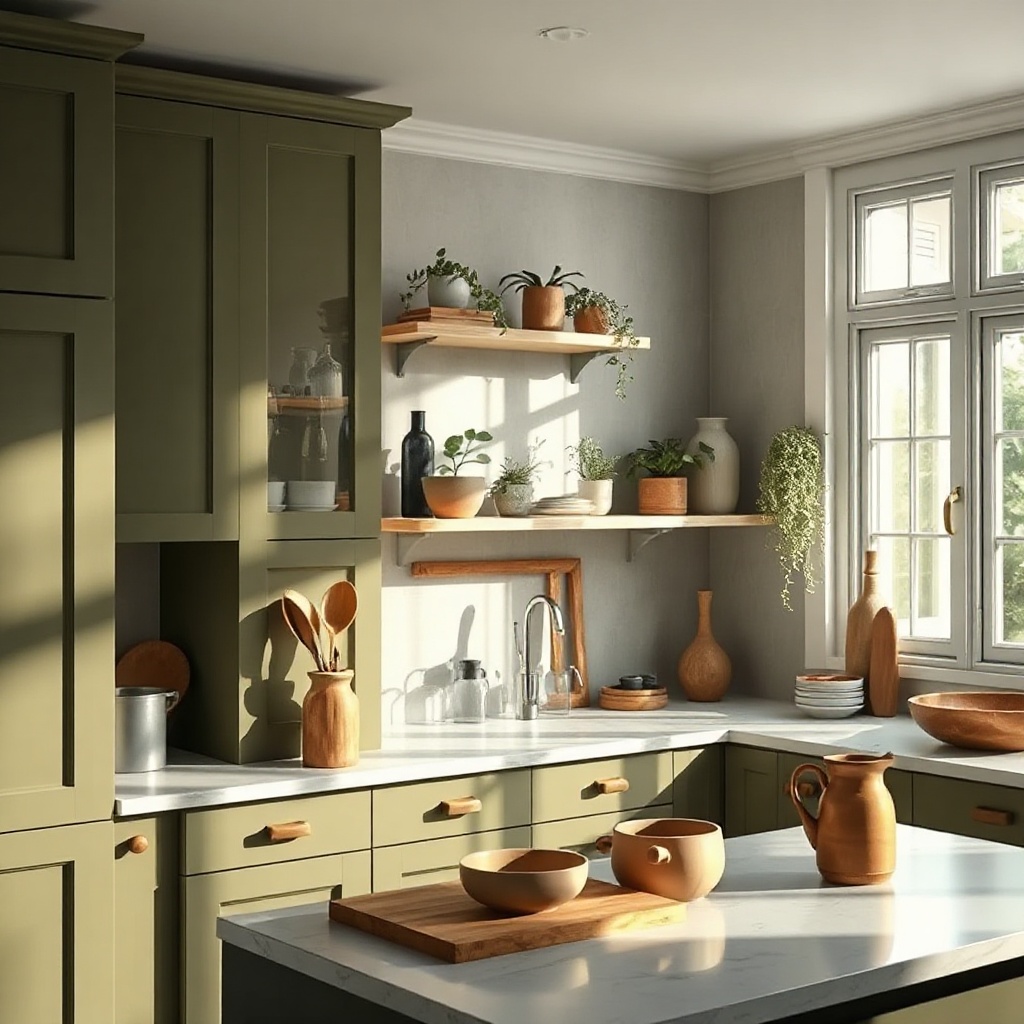 Serene sunlit sustainable kitchen with olive green cabinets, wooden shelves with plants, and various