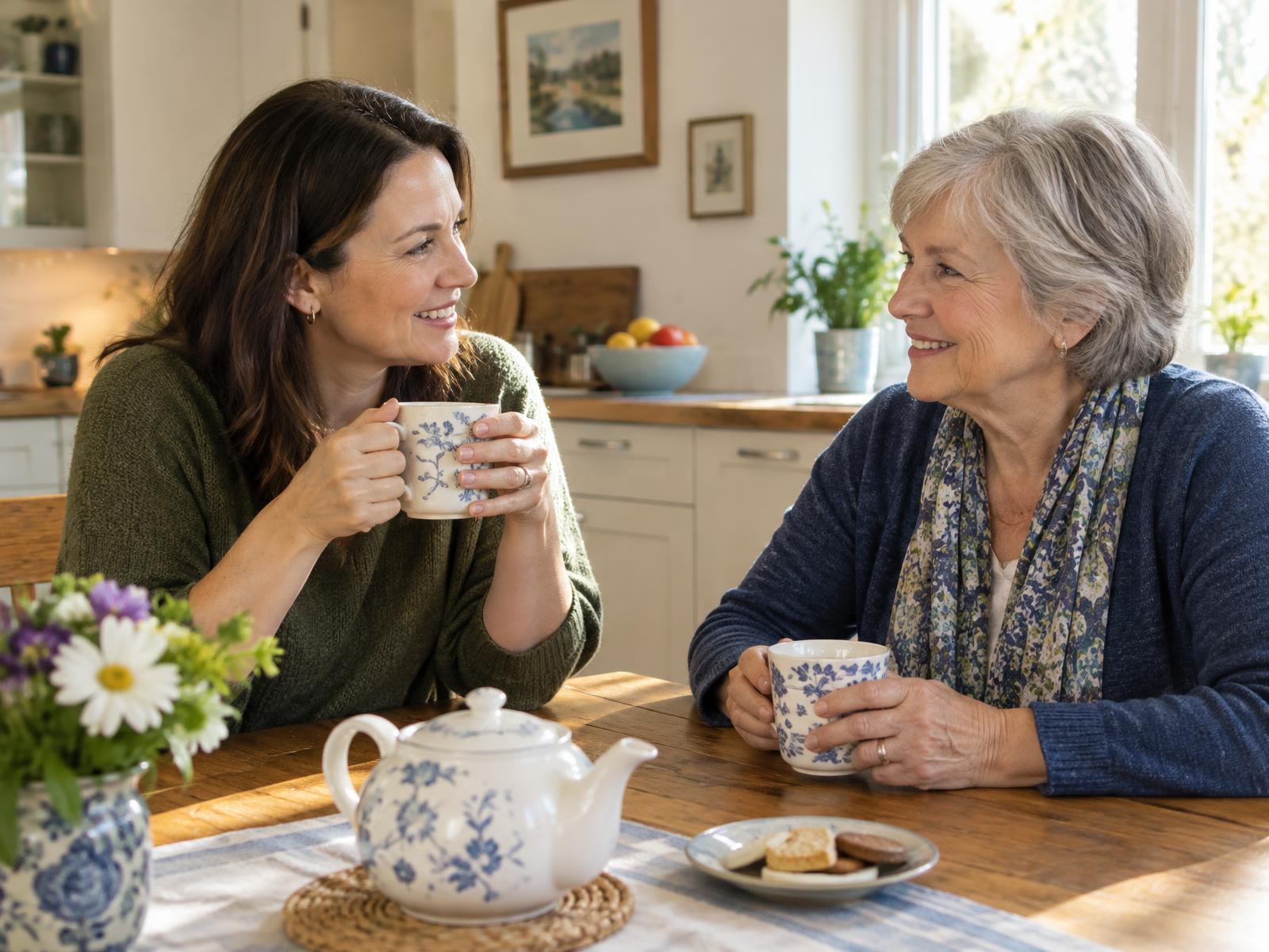 Two adults sharing a relaxed conversation over tea at a kitchen table in a sunlit home