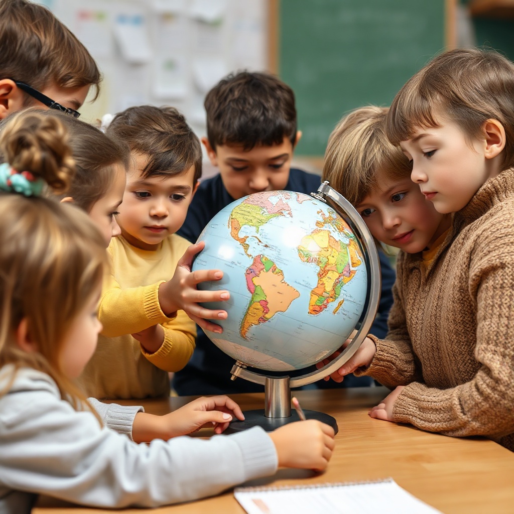 group of children looking at a globe together with curiosity, school project
