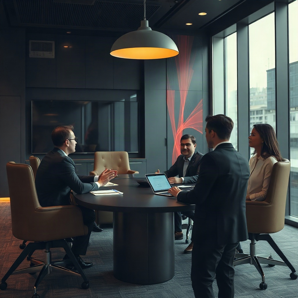 corporate boardroom meeting with professionals discussing strategy, high-end office interior, cinema