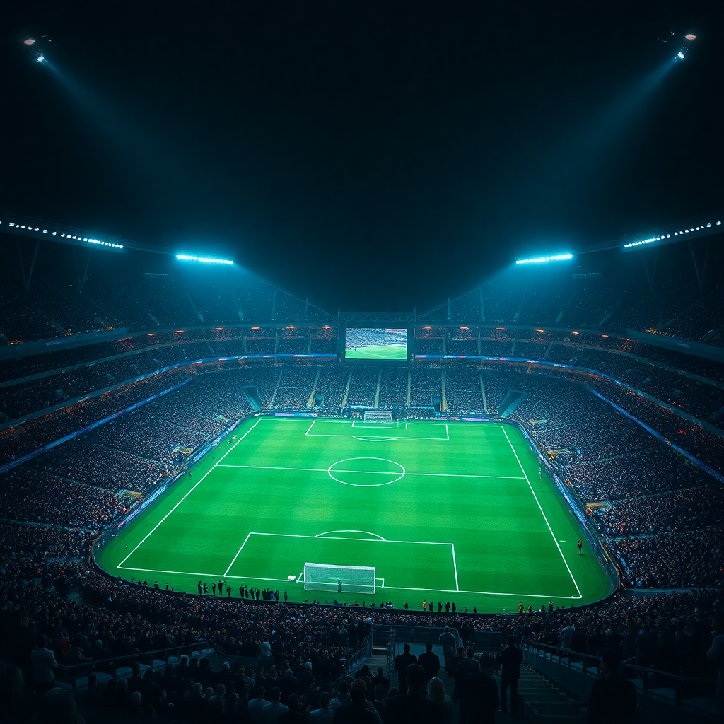 live soccer football match stadium aerial view dramatic lighting green pitch crowd night game, cinem