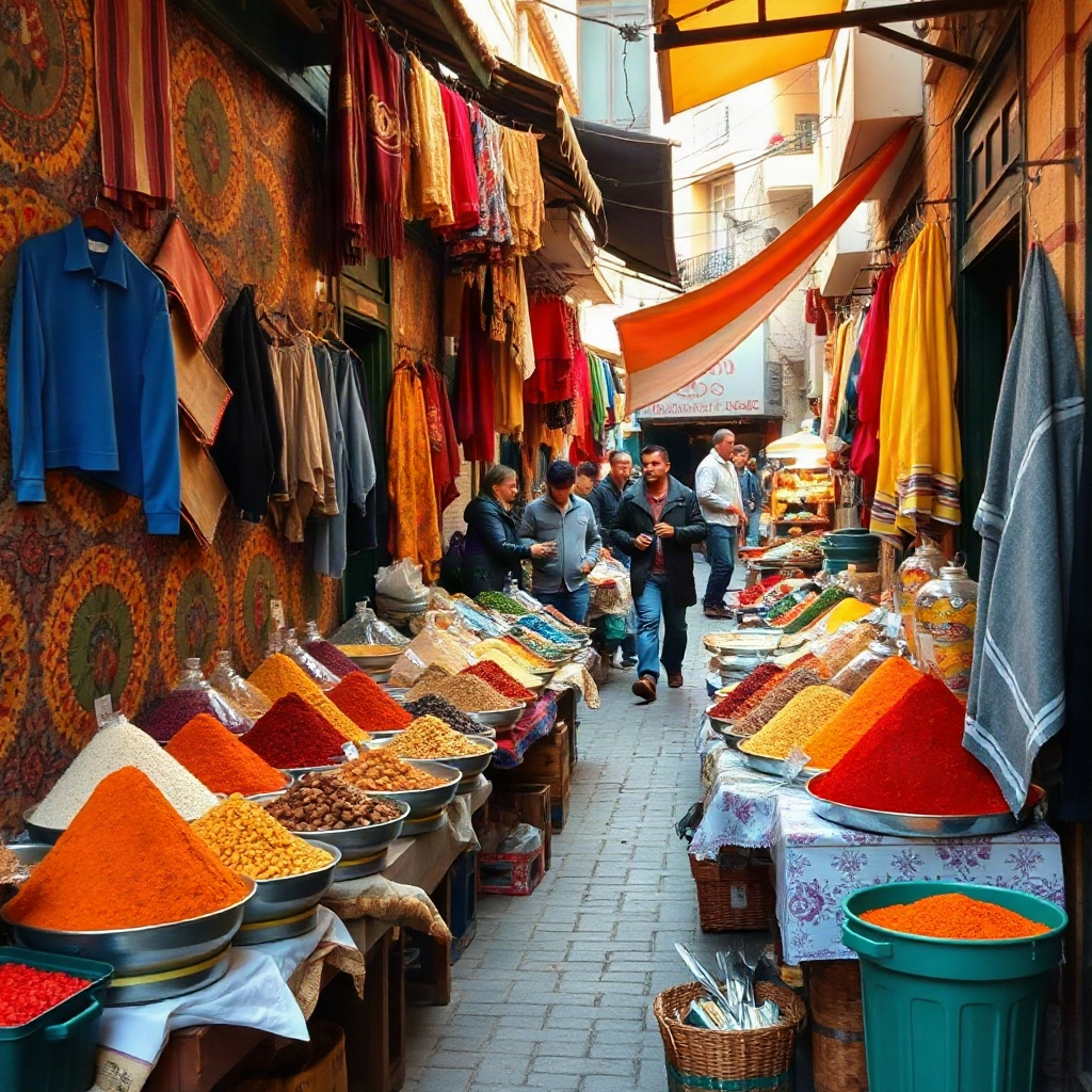 Colorful Mediterranean market filled with spices and textiles