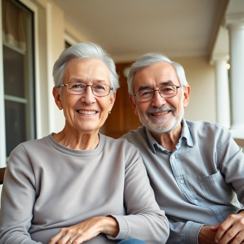 portrait of an elderly couple, warm smiles, soft natural light