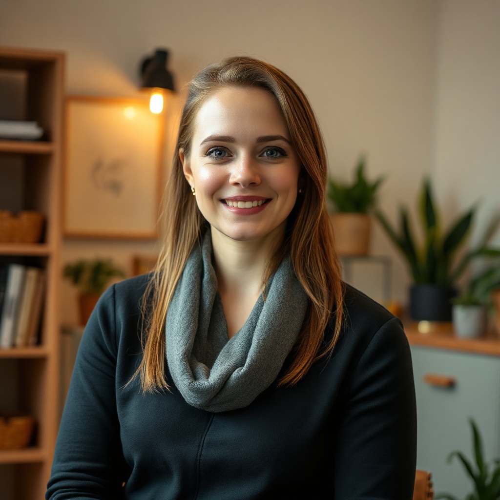 calm professional therapist smiling gently in a warm cozy office, soft daylight, editorial photograp