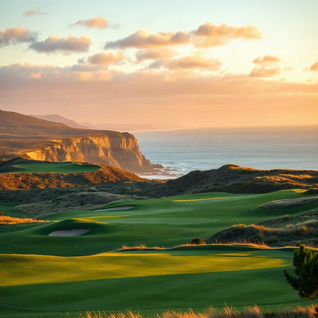 wide landscape of a coastal golf course at golden hour, breathtaking views