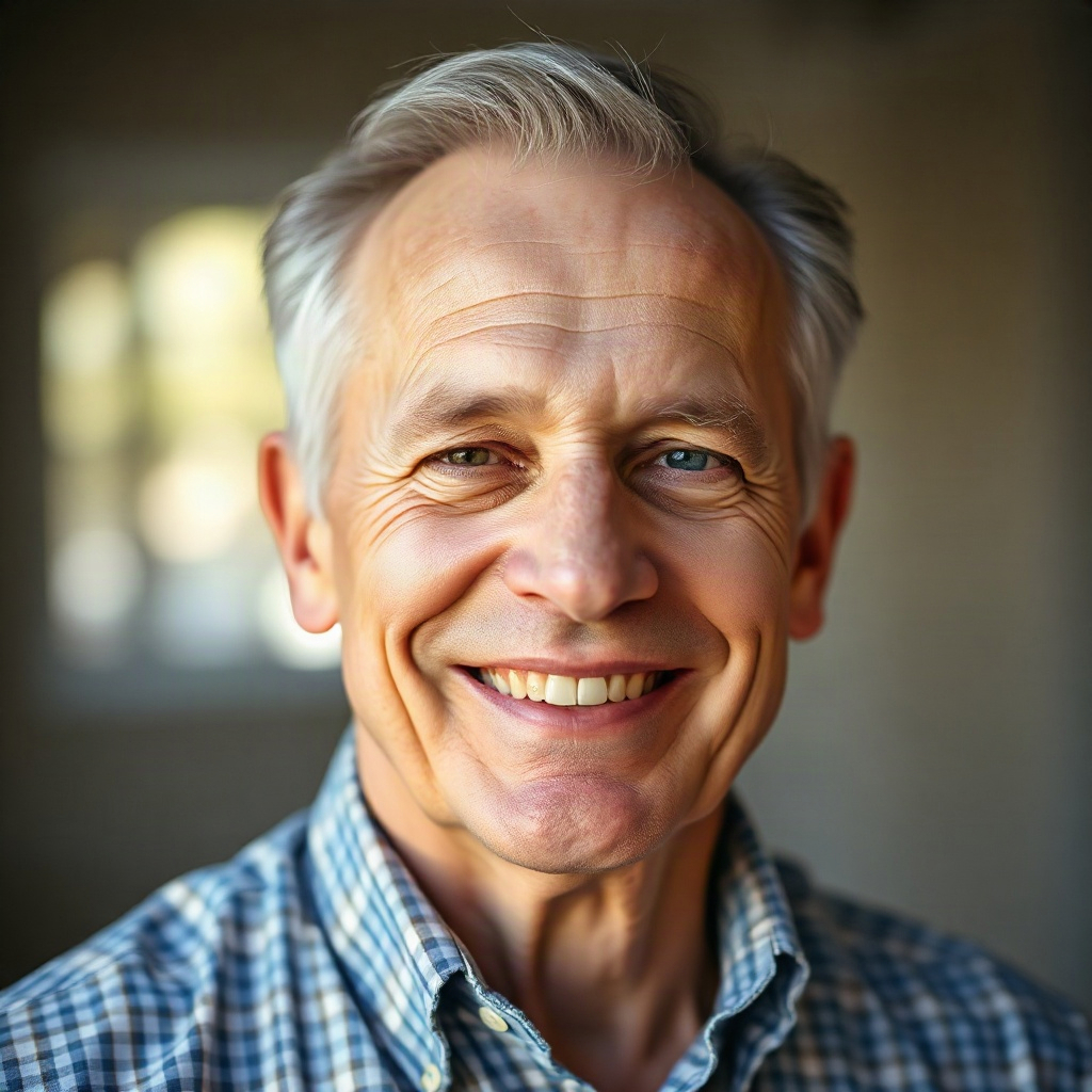 Portrait headshot of a smiling man in his 60s, friendly expression, soft natural light