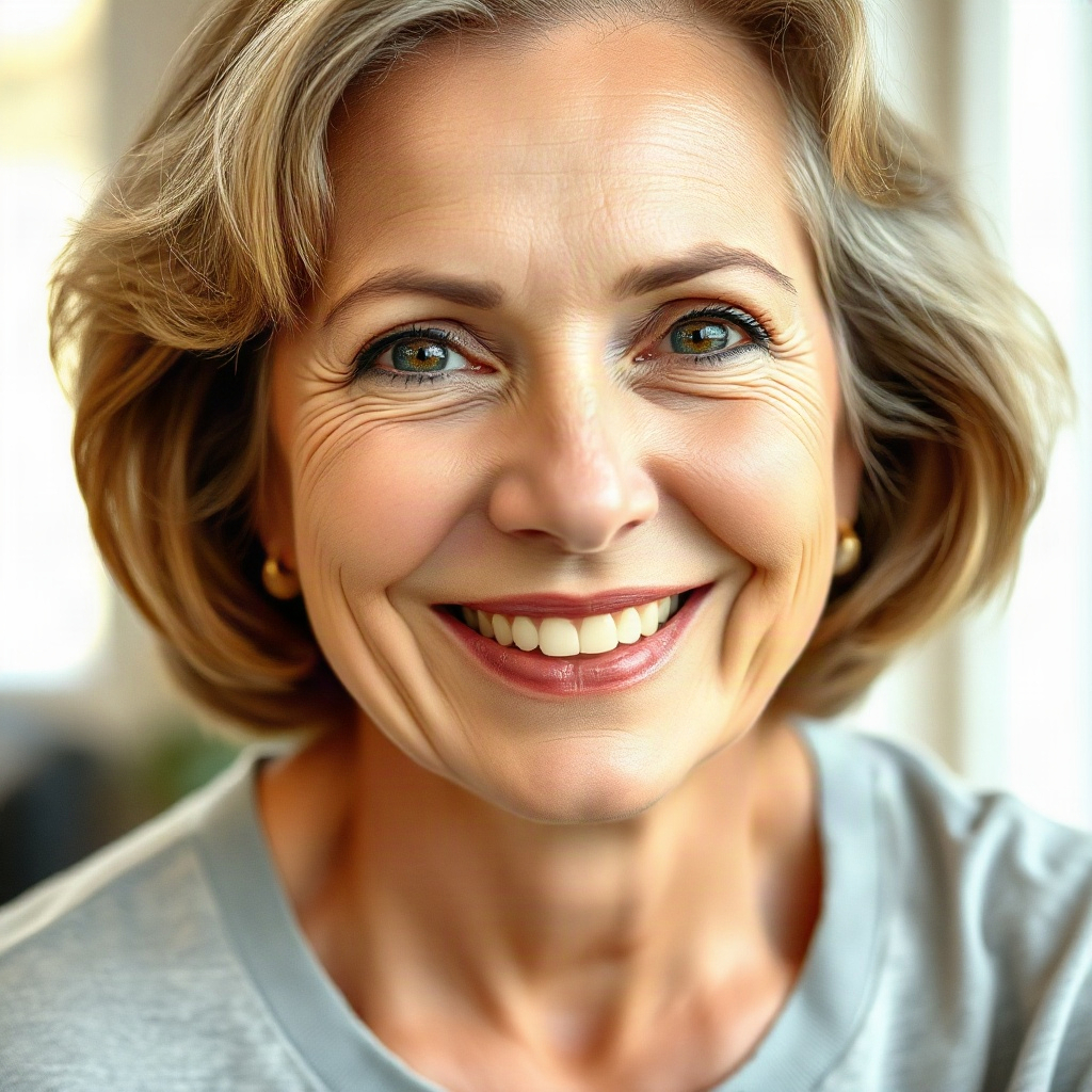 Portrait headshot of a smiling woman in her 50s, friendly expression, soft natural light