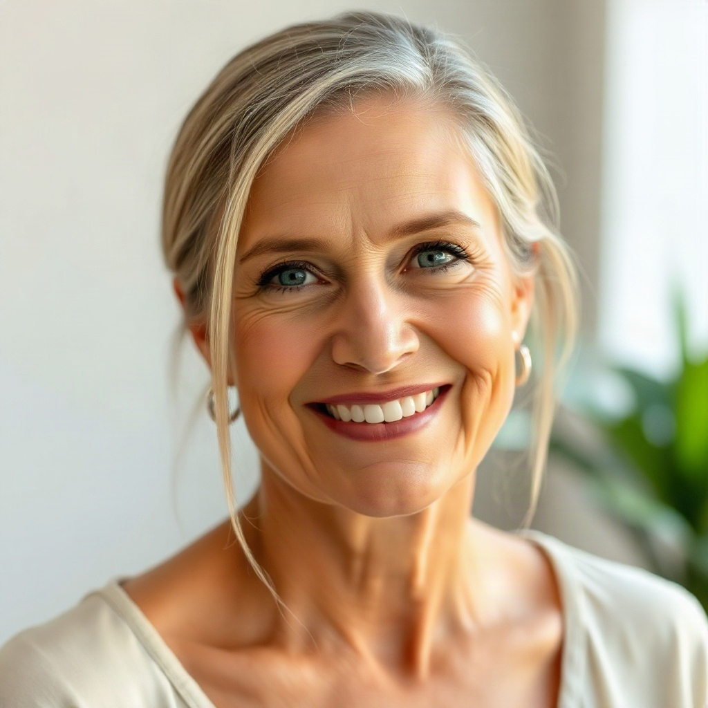 Portrait headshot of a smiling woman in her 40s, friendly expression, soft natural light