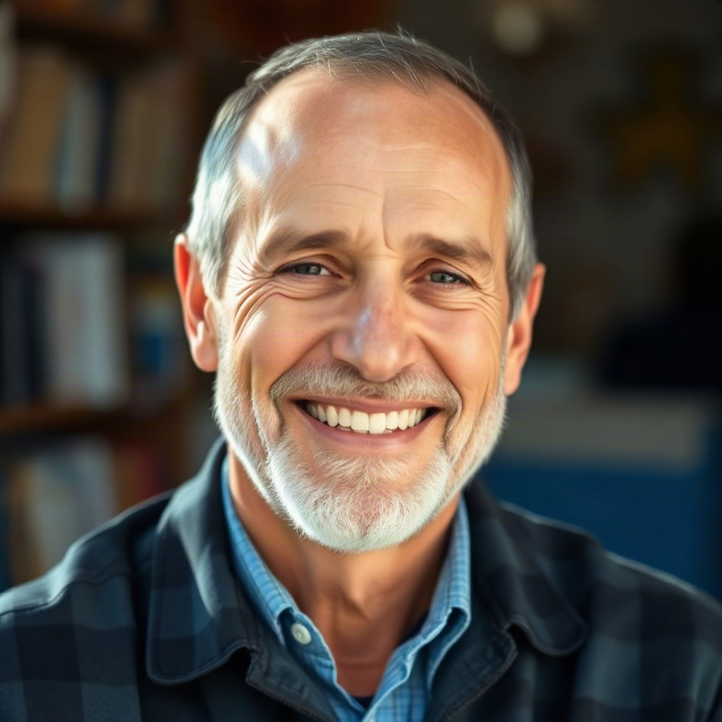 Portrait headshot of a smiling man in his 50s, friendly expression, soft natural light
