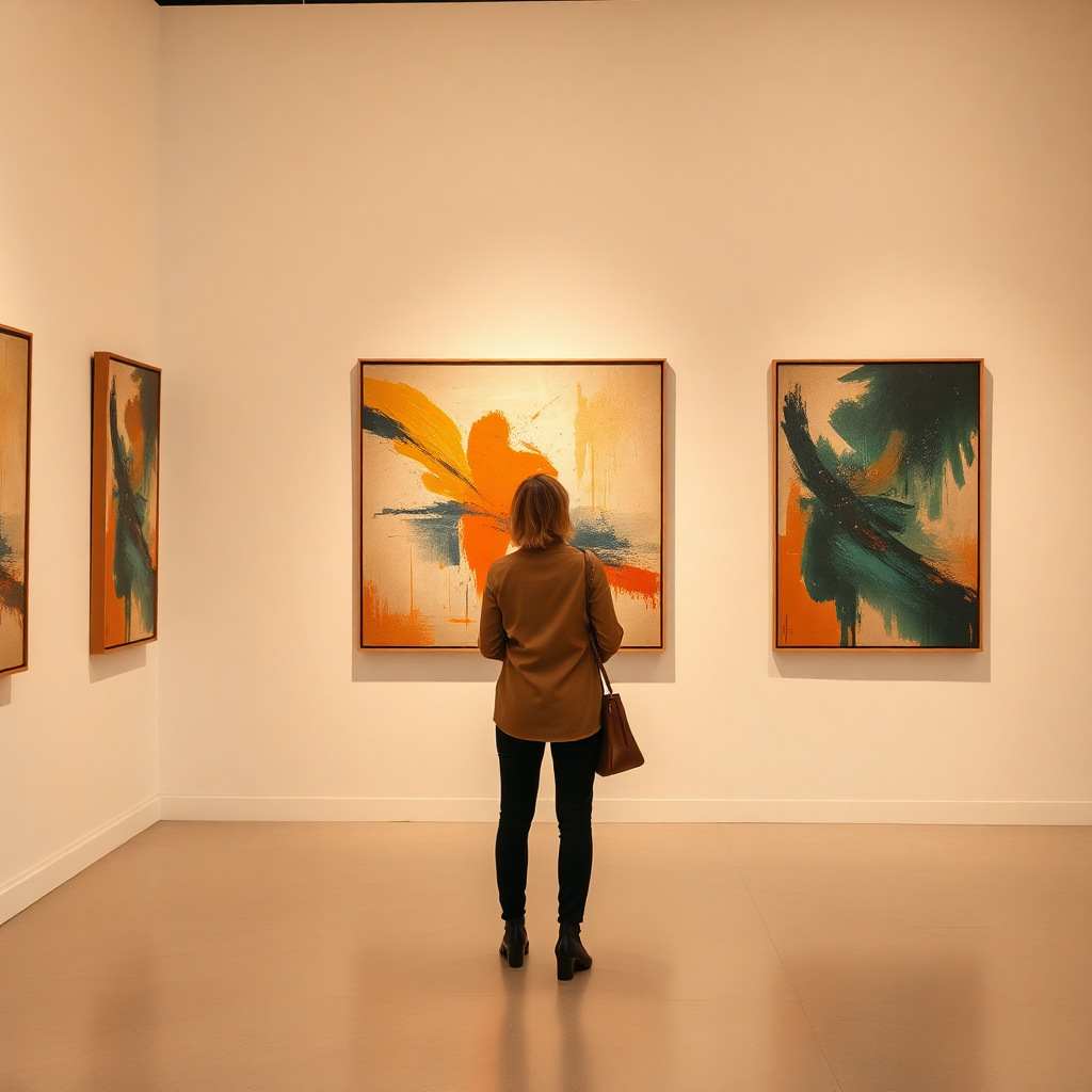 elegant art curator examining abstract painting in minimalist gallery space, soft warm light