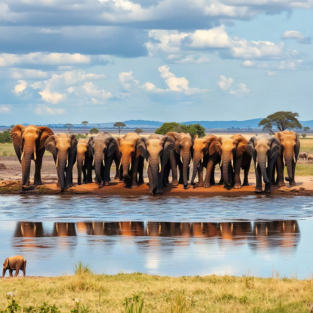herd of elephants at a watering hole, wide landscape shot, dramatic sky