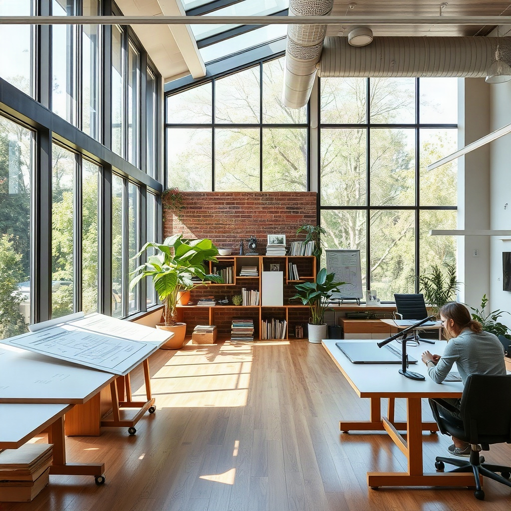 collaborative office space for architects, large windows, drafting tables, sustainable design studio