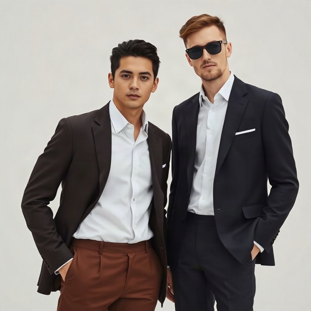 two male professionals in stylish suits standing together, minimal high-fashion photography style
