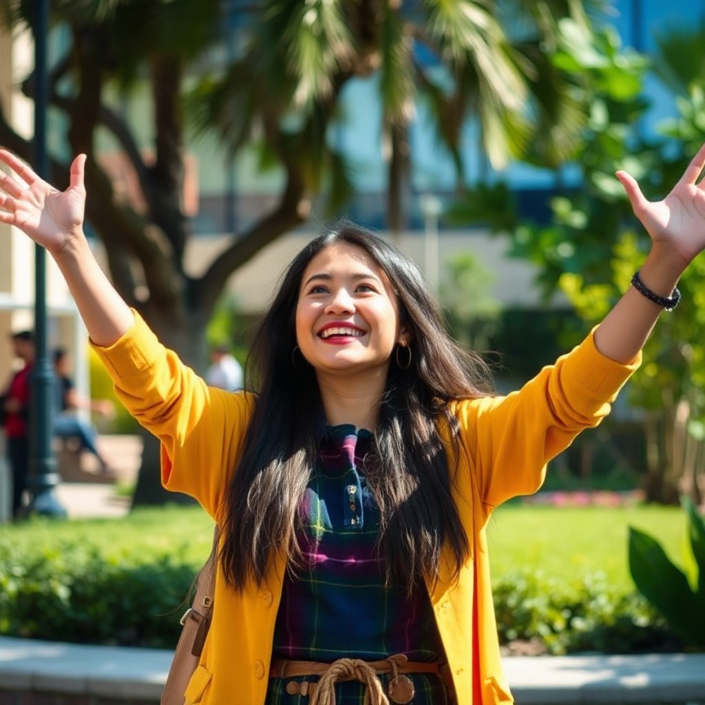 Student celebrating after clearing exam, joyful expression, natural daylight