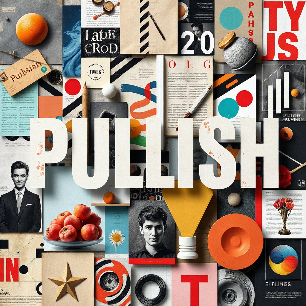 collage of artistic elements, typography 'PUBLISH', and colorful graphics, design inspiration theme