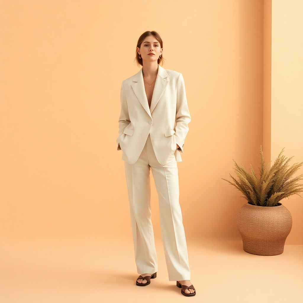 woman wearing cream linen co-ord set blazer and trousers, minimalist fashion product photography war