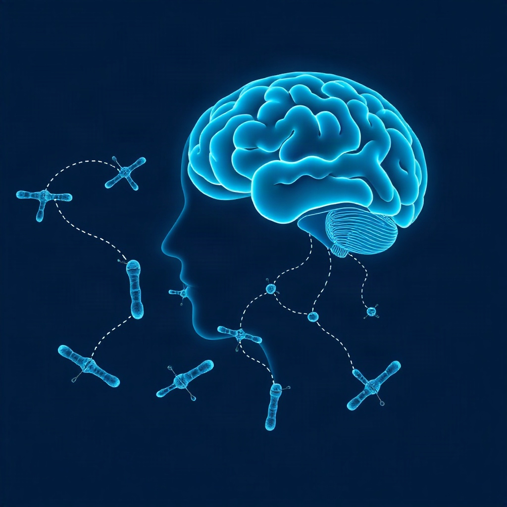 scientific illustration of gut microbiome bacteria connecting to human brain, gut-brain axis concept