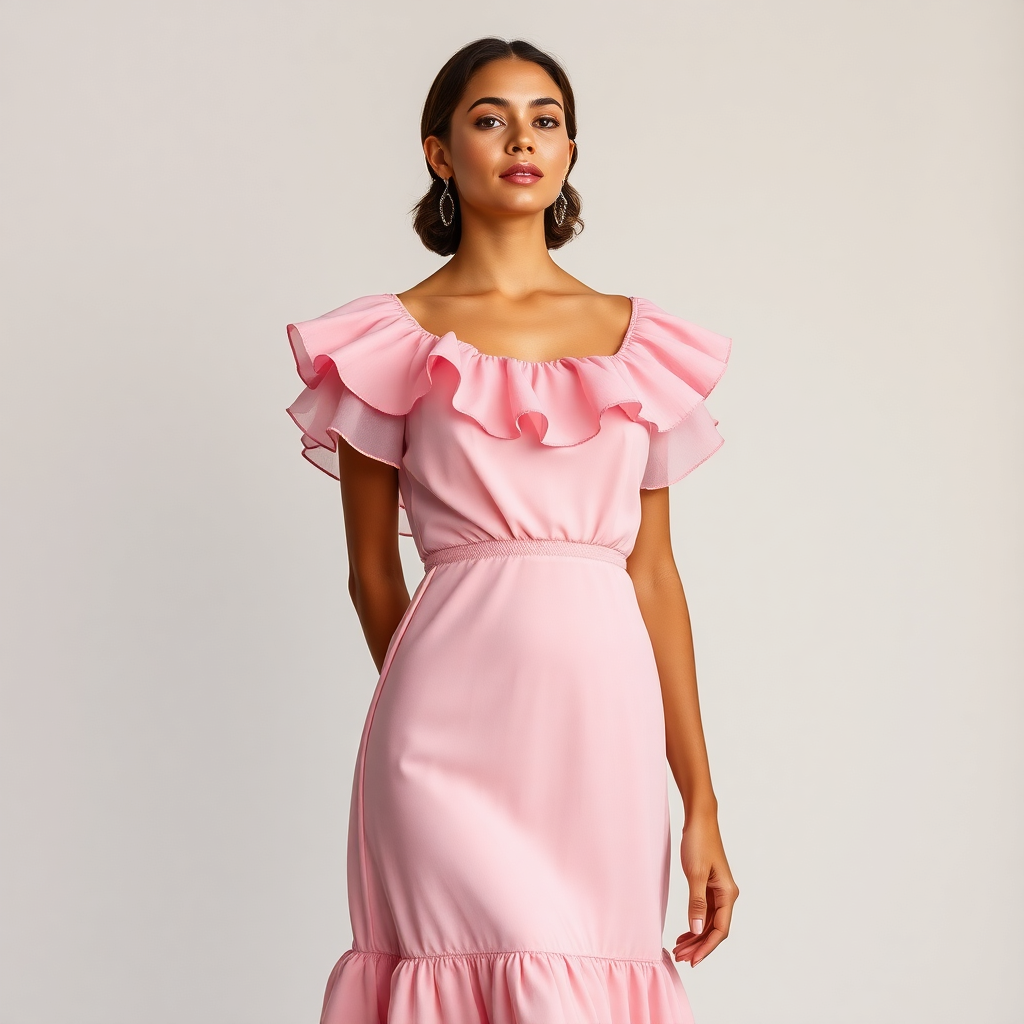 woman wearing elegant rose pink ruffle midi dress, soft studio lighting, fashion product photography