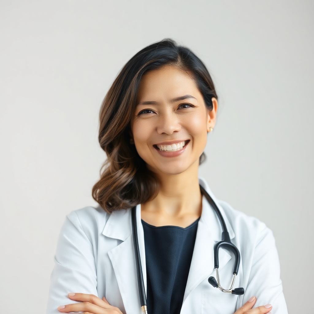 professional editorial portrait of a warm smiling female psychologist, soft lighting, neutral backgr